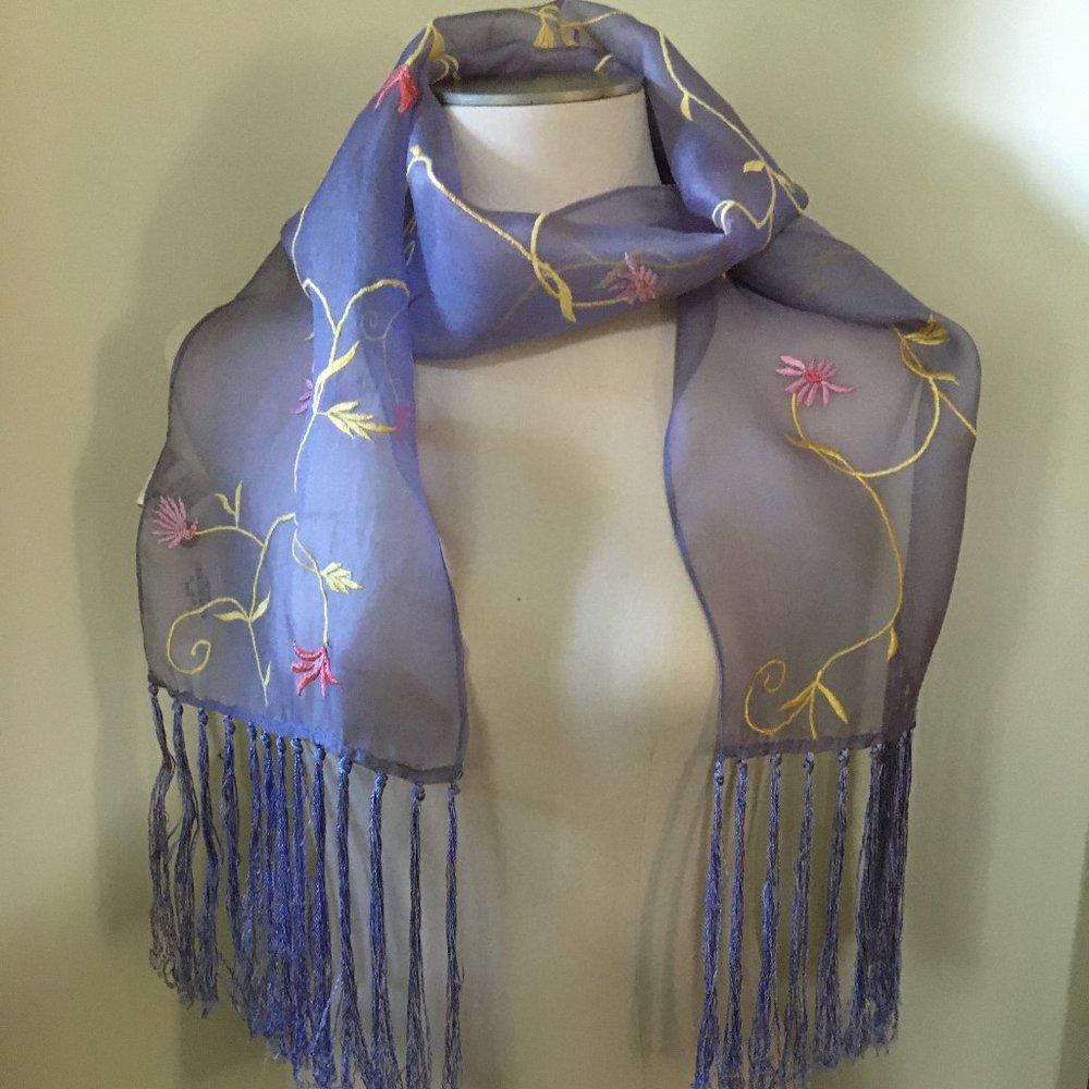 Orvis Silk Scarf, Lavender with Floral Patterns of Pink, Rose and Gold Vine, NWT